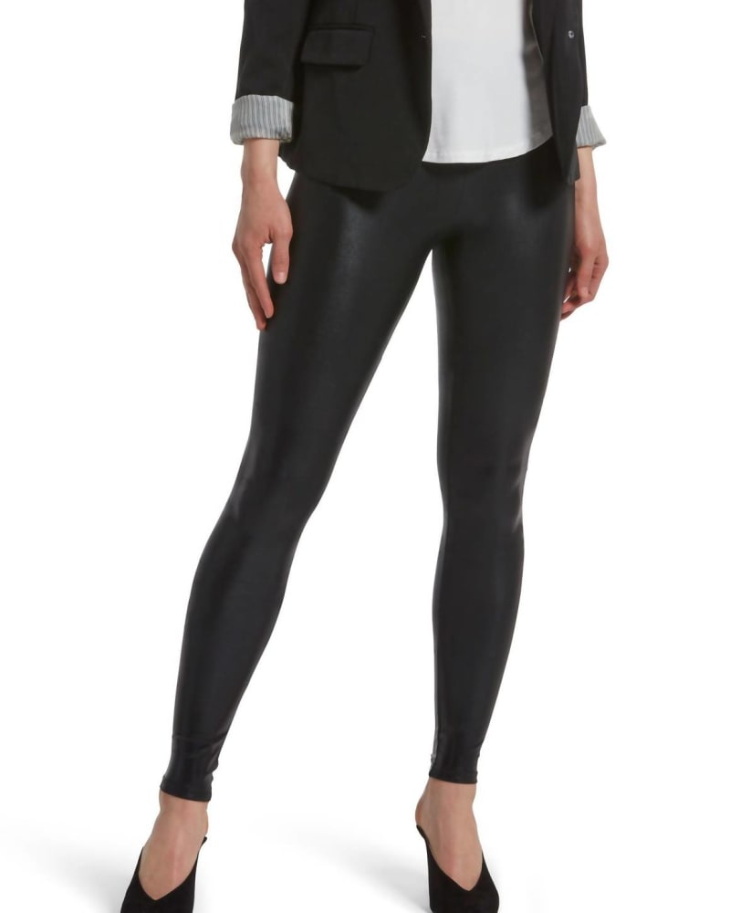 Front of a model wearing a size XL Body Gloss Legging in Black in Black by HUE. | dia_product_style_image_id:332241